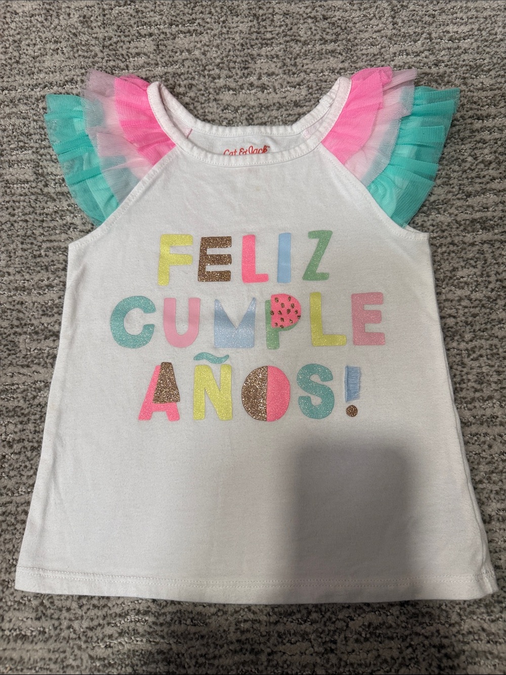 Cat & Jack Girls' White 'Feliz Cumple Años' Ruffle Sleeve Tank Top